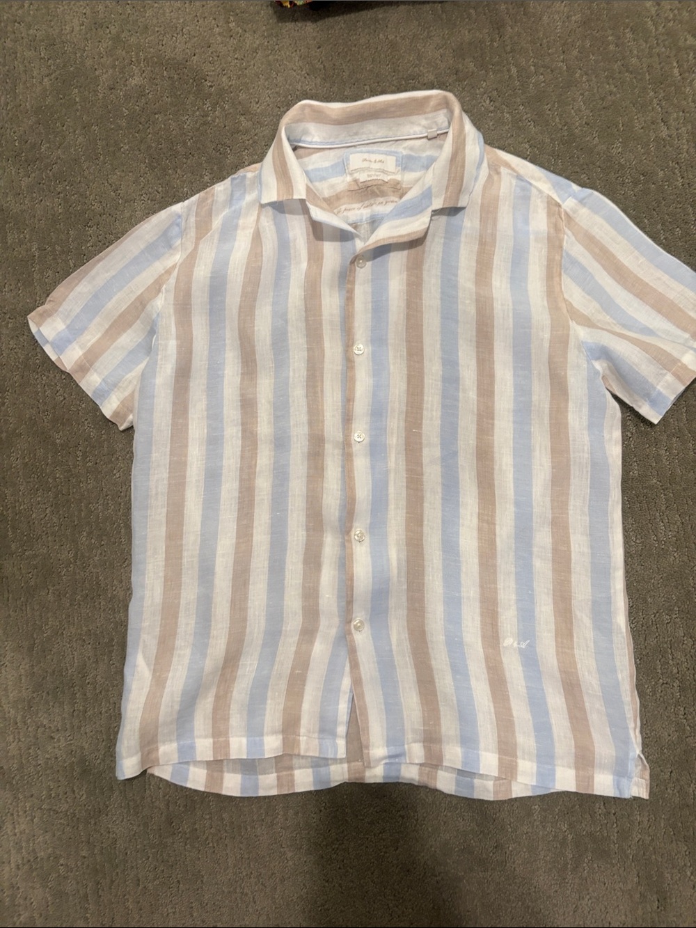 Casual Short-Sleeve Linen Stripe Shirt in Light Blue & Tan